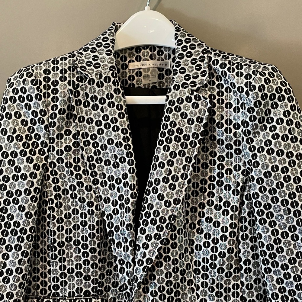 Peter Nygard Metallic Silver Black Geometric Circle Blazer Jacket Size 8
